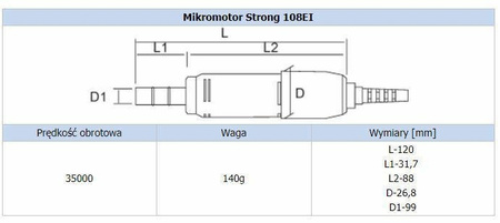 Mikrosilnik protetyczny STRONG 108EI SAESHIN, 35 000 obr./min, 2,8 Ncm, autoklawowalny, do laboratoriów dentystycznych