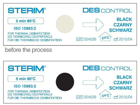 DES CONTROL – wskaźniki kontroli dezynfekcji termicznej 90°C/5 min, samoklejące, 200 szt., STERIM